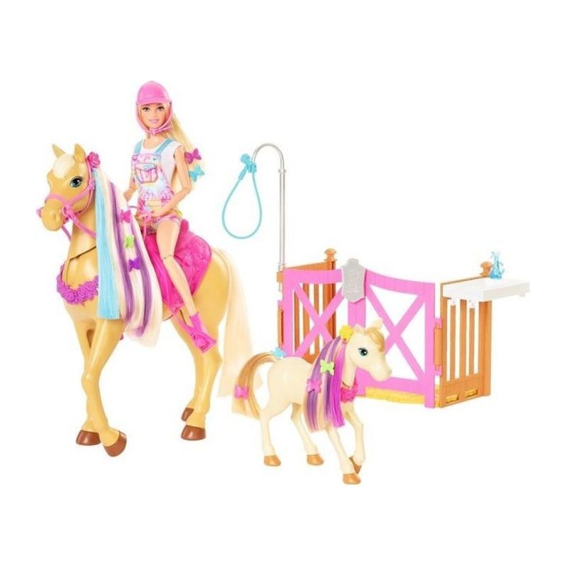 Barbie - Coffret toilettage chevaux avec Poupée Barbie, 2 Chevaux et + de 20 Accessoires - Accessoire Poupée Mannequin - Des 3