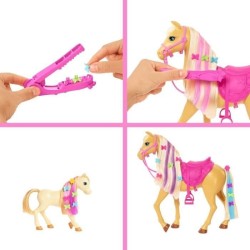 Barbie - Coffret toilettage chevaux avec Poupée Barbie, 2 Chevaux et + de 20 Accessoires - Accessoire Poupée Mannequin - Des 3