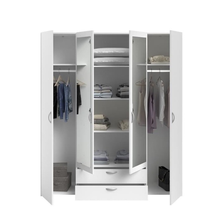 PARISOT Armoire 4 portes battantes avec 2 miroirs + 2 tiroirs - Décor