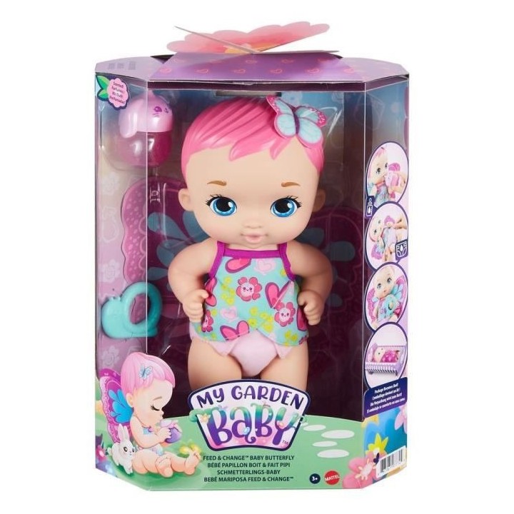 My Garden Baby - Bébé Papillon Rose Boit et Fait Pipi 30 cm, couche