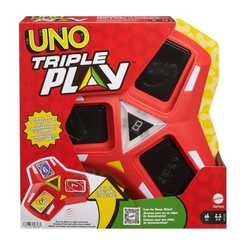 Mattel Games - Uno triple play, 112 cartes et unité de jeu sonore et lumineuse - Jeu de cartes famille - Des 7 ans