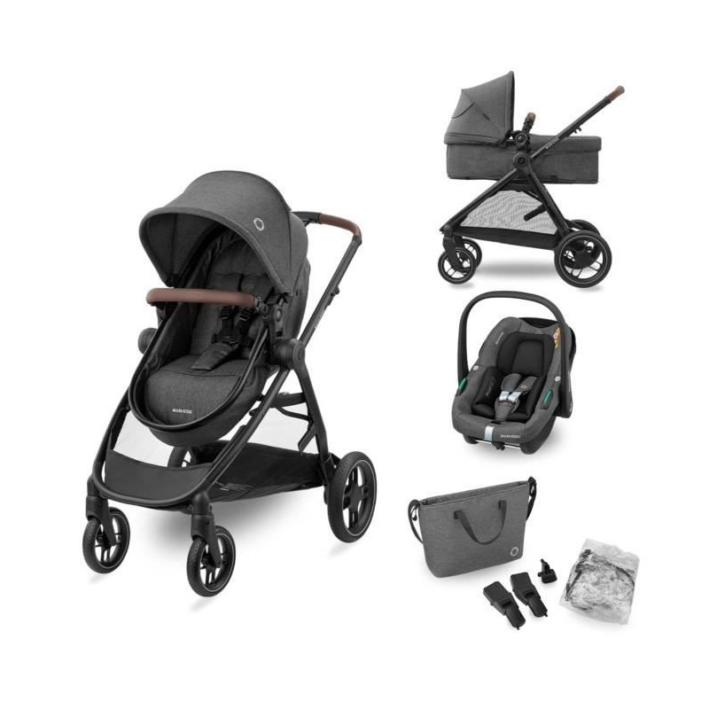 MAXI-COSI Poussette 3 en 1 Zelia S trio iSize 4 roues avec Cosi Cabriofix iSize et accessoires Dark Grey