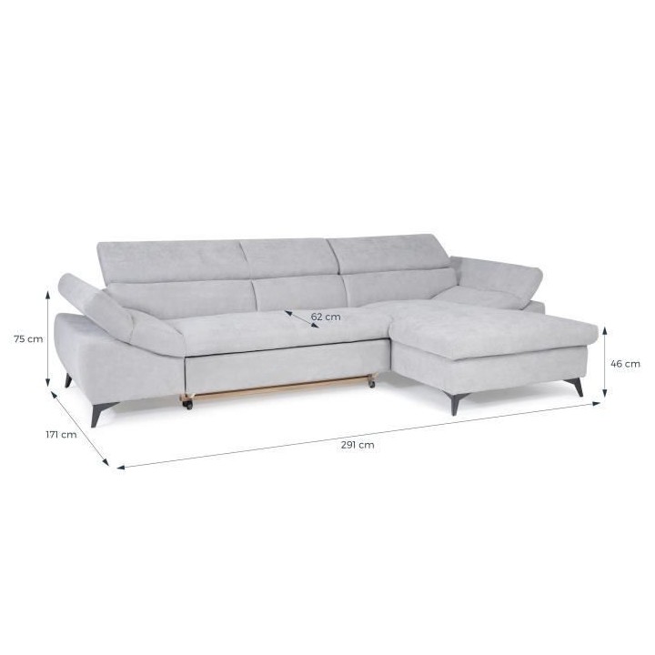 Canapé d'angle droit convertible 4 places MAX - Tissu gris - L 291 x