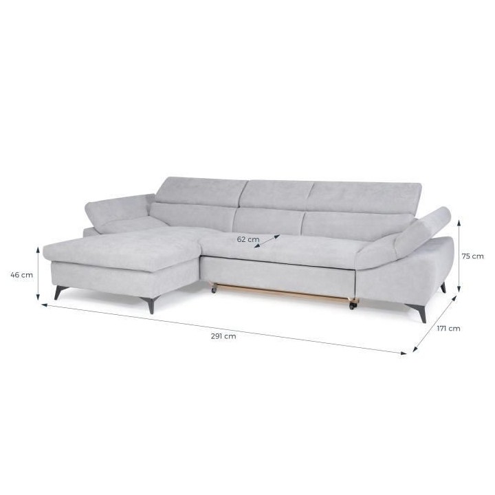 Canapé d'angle gauche convertible 4 places MAX - Tissu gris - L 291 x