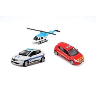 1/64 BBURAGO - Pack de 3 véhicules - Hélicoptere + Voiture Pompier +