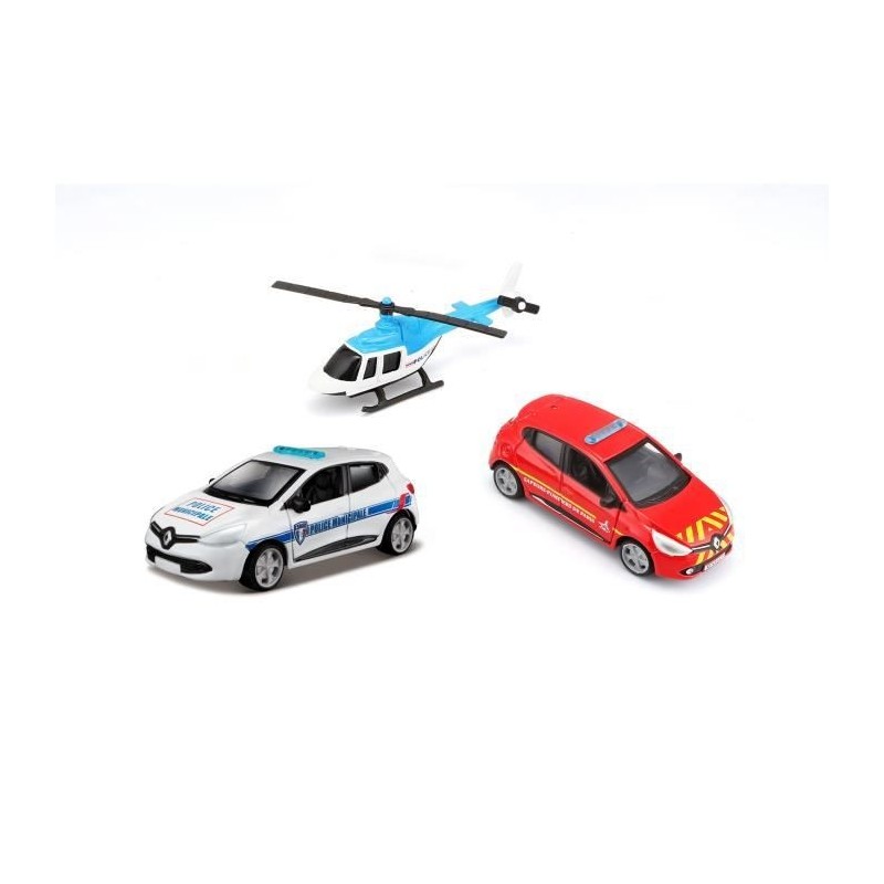 1/64 BBURAGO - Pack de 3 véhicules - Hélicoptere + Voiture Pompier + Voiture Police