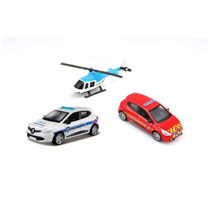 1/64 BBURAGO - Pack de 3 véhicules - Hélicoptere + Voiture Pompier +