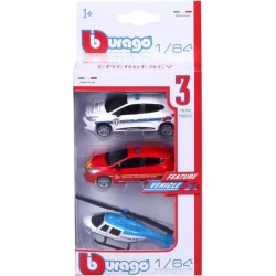 1/64 BBURAGO - Pack de 3 véhicules - Hélicoptere + Voiture Pompier + Voiture Police