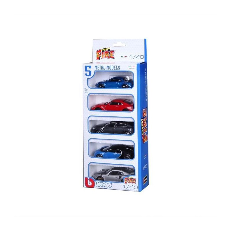 BBURAGO 1/43 Street Fire Pack de 5 véhicules Alpine / Nissan / Urus / Porsche / Chiron