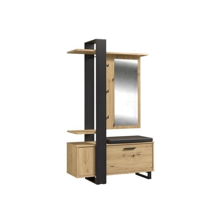 Vestiaire avec miroir + banc simili + 1 abattant - Décor chene et noi