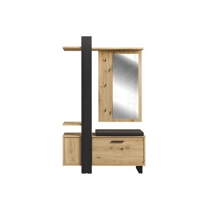 Vestiaire avec miroir + banc simili + 1 abattant - Décor chene et noi