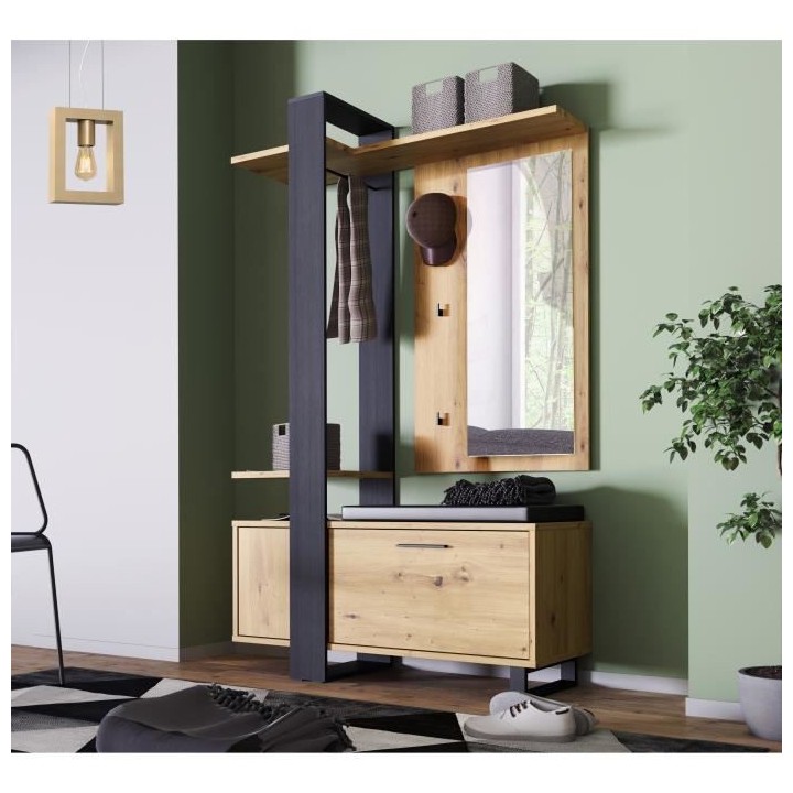 Vestiaire avec miroir + banc simili + 1 abattant - Décor chene et noi