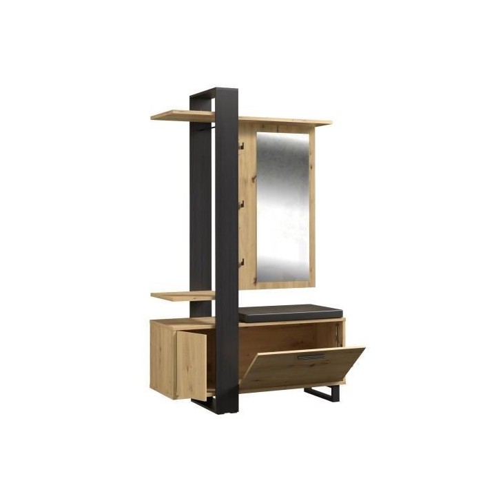 Vestiaire avec miroir + banc simili + 1 abattant - Décor chene et noi
