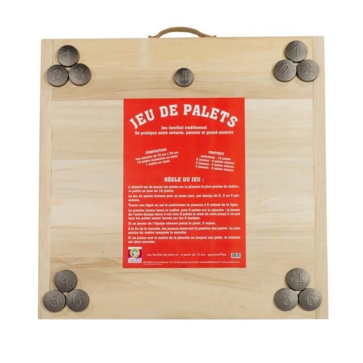 MECABOIS Jeu de Palet Complet - 12 plates a lancer et planche en bois