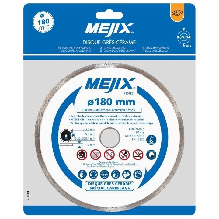 MEJIX Disque gres cérame 180 mm, BR 25,4 / 22,2 mm