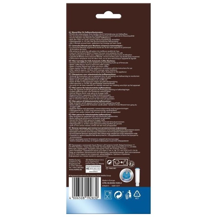 MELITTA CARTOUCHE FILTRANTE MELITTA PRO AQUA CLARIS, Pour machines a e