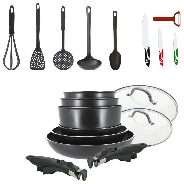 Batterie de cuisine MENASTYL 19 pieces - 3 casseroles 16/18/20 - 3 poe