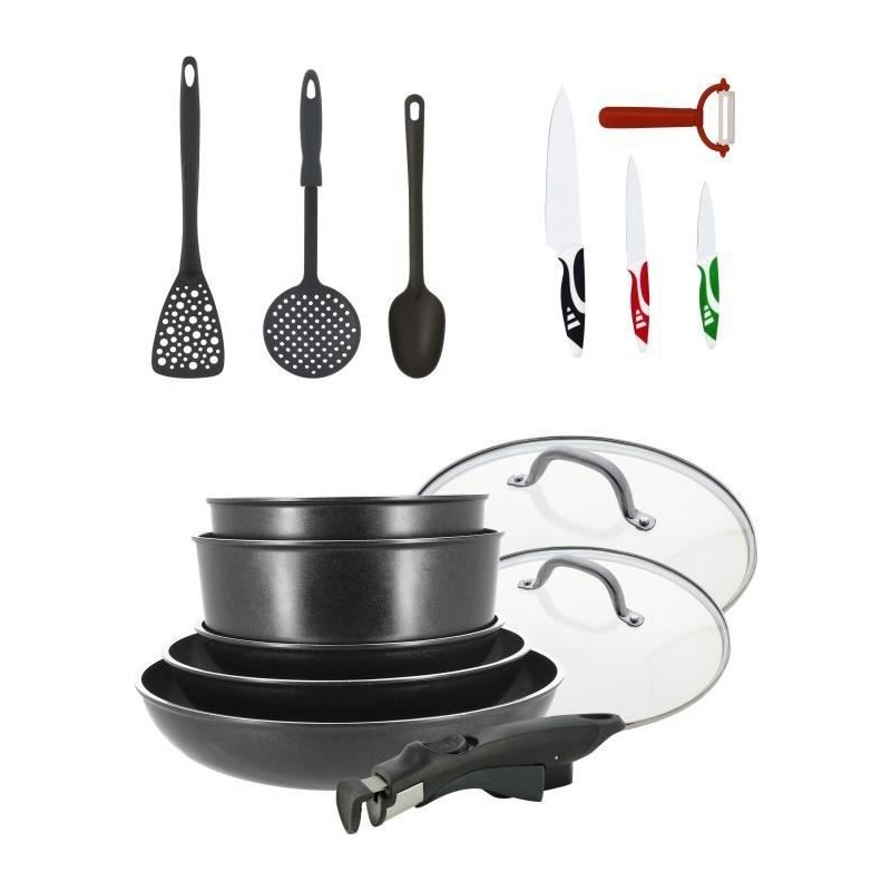 Batterie de cuisine MENASTYL 15 pcs - 2 casseroles 18/20 - 3 poeles 20/24/28 - 3 couteaux + 1 éplucheur - Tous feux dont induct