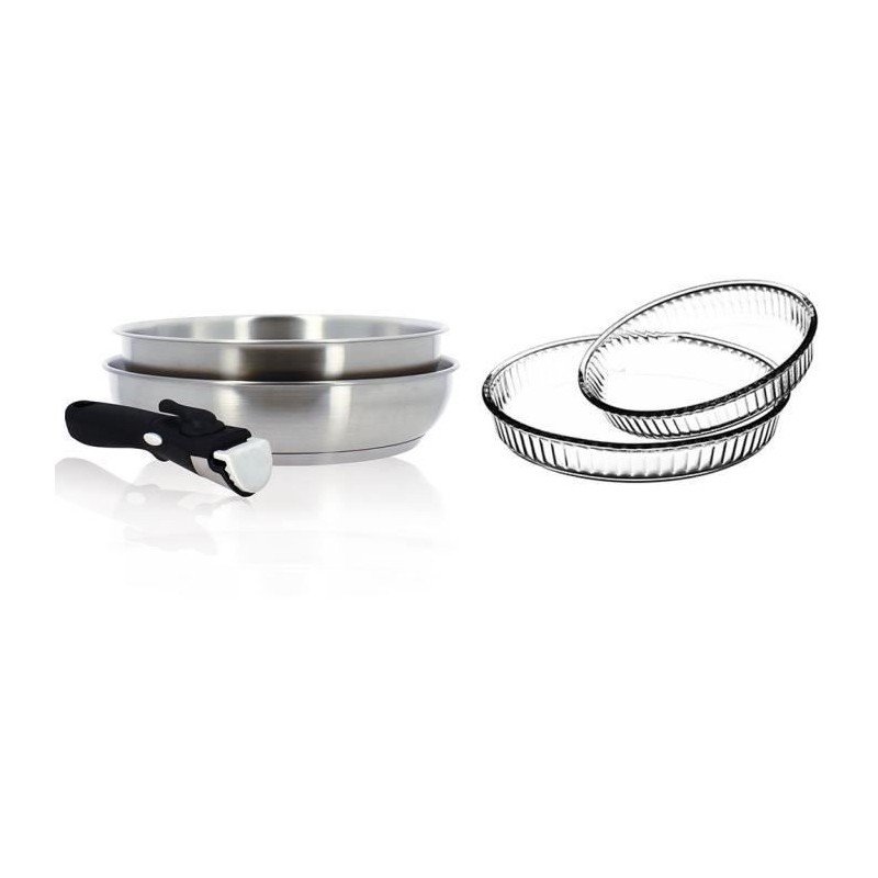 Batterie de cuisine MENASTYL 5 pieces - 2 poeles 24/28 cm - 1 poignée amovible - 2 plats a tarte 26/32 cm - Tous feux dont indu