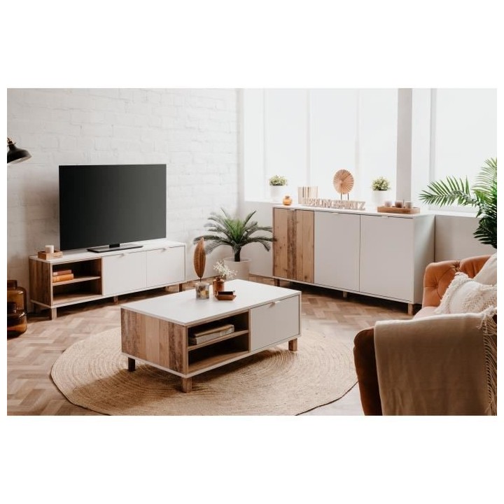 Table Basse 1 porte - Blanc - L 110 x P 60 x H 42,5 cm - MENORCA