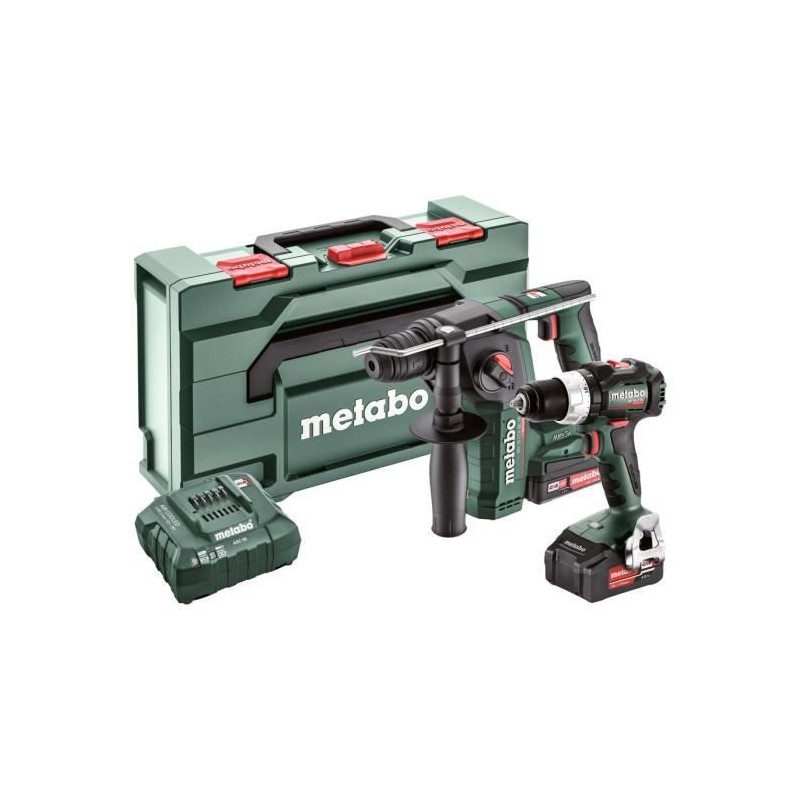 METABO pack Perceuse visseuse BS 18 LT BL et Marteau perforateur BH 18 LTX BL 16 - Coffret de rangement et chargeurs.