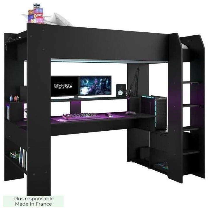 Lit mezzanine combiné enfant LED Gamer ONLINE - 90 x 200 cm - Noir ma