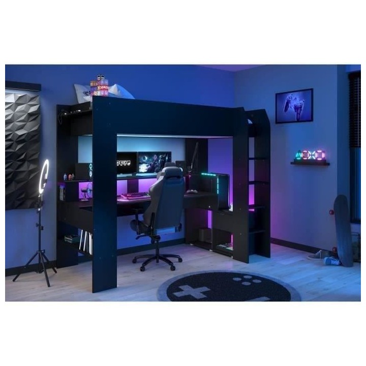 Lit mezzanine combiné enfant LED Gamer ONLINE - 90 x 200 cm - Noir ma
