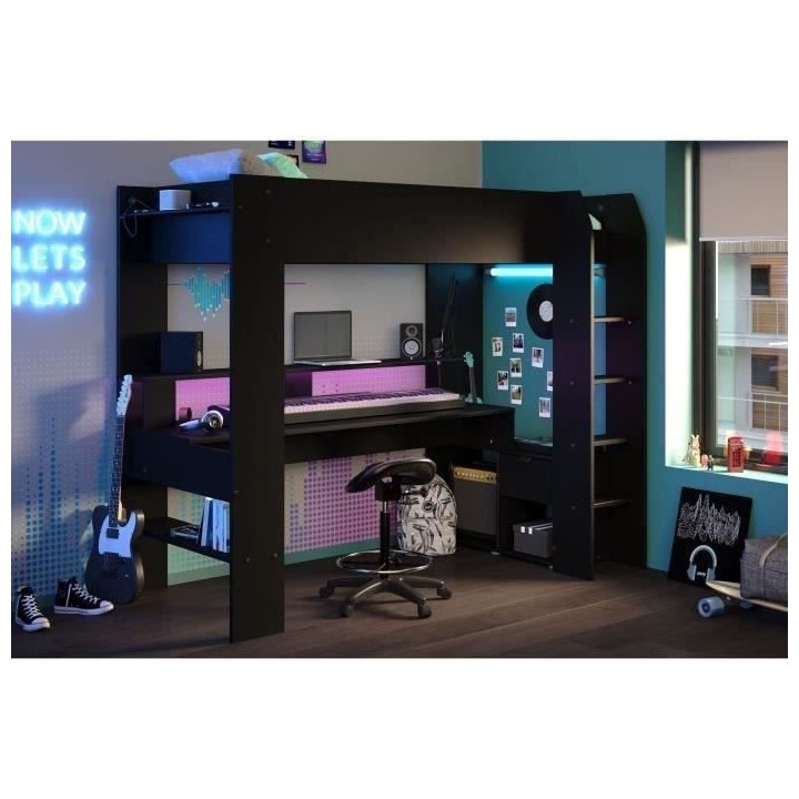 Lit mezzanine combiné enfant LED Gamer ONLINE - 90 x 200 cm - Noir ma