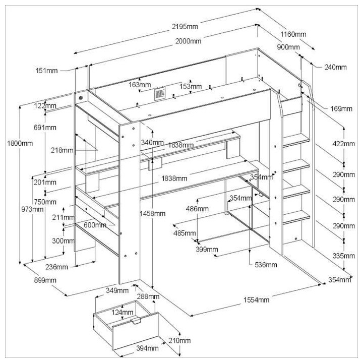 Lit mezzanine combiné enfant LED Gamer ONLINE - 90 x 200 cm - Noir ma