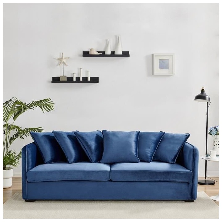 Canapé fixe 3 places - Velours bleu - COLOMBE - L 202 x P 82 x H 95 c
