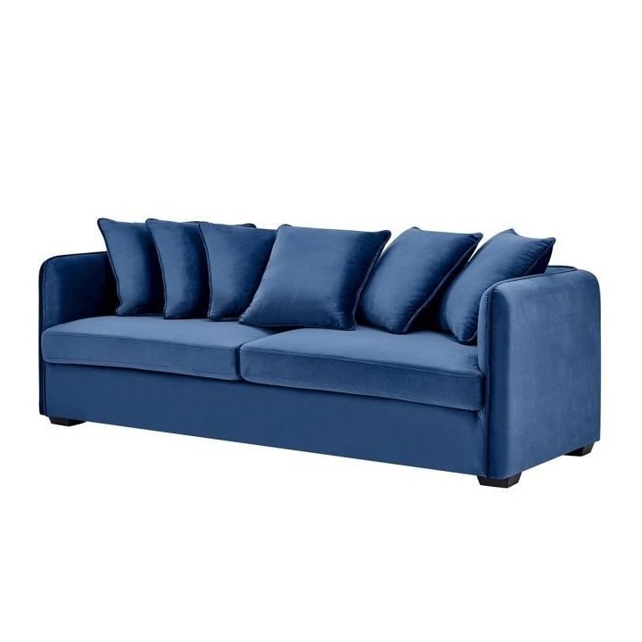 Canapé fixe 3 places - Velours bleu - COLOMBE - L 202 x P 82 x H 95 c