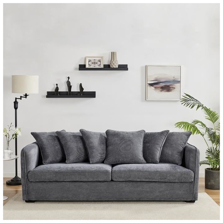 Canapé fixe 3 places - Velours gris - Contemporain - L 202 x P 82 x H