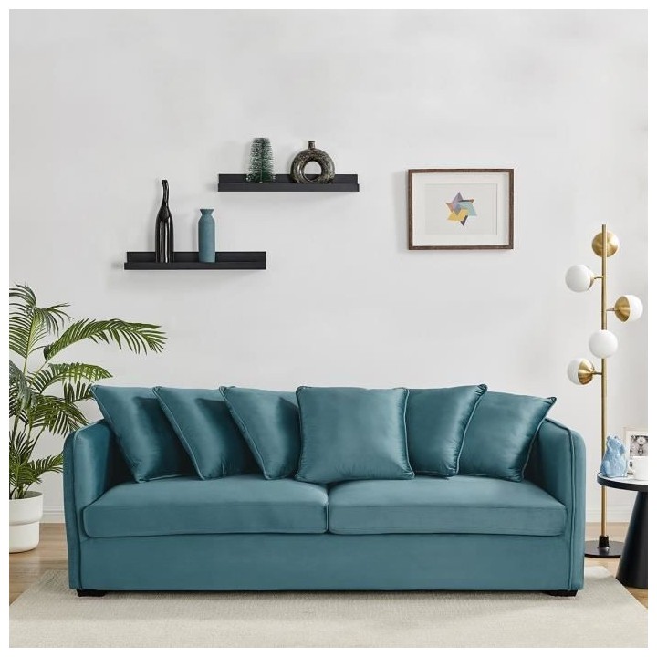 Canapé fixe 3 places - Velours vert - L 202 x P 82 x H 95 cm - COLOMB