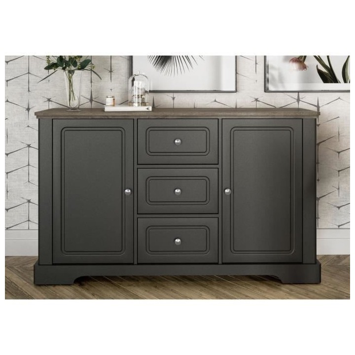 Buffet bas - Gris mat et plateau décor bois - Classique - DESSY - L 1