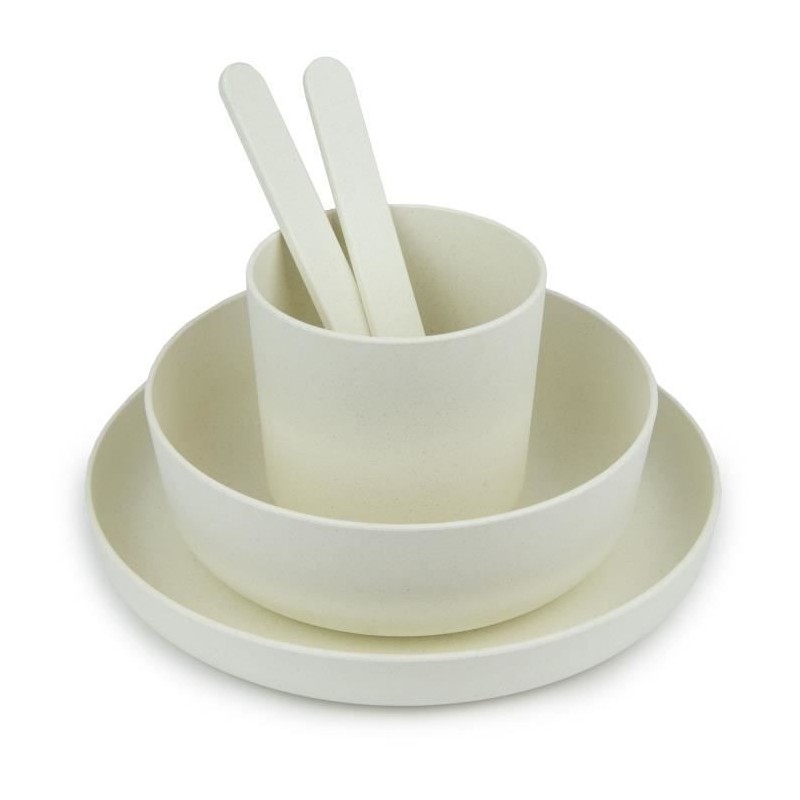 MILL'O BÉBÉ - SET VAISSELLE (ASSIETTE, BOL, GOBELET, CUILLERE, FOURCHETTE) BIODÉGRADABLE - SANS BPA - MICRO-ONDABLE - BLANC