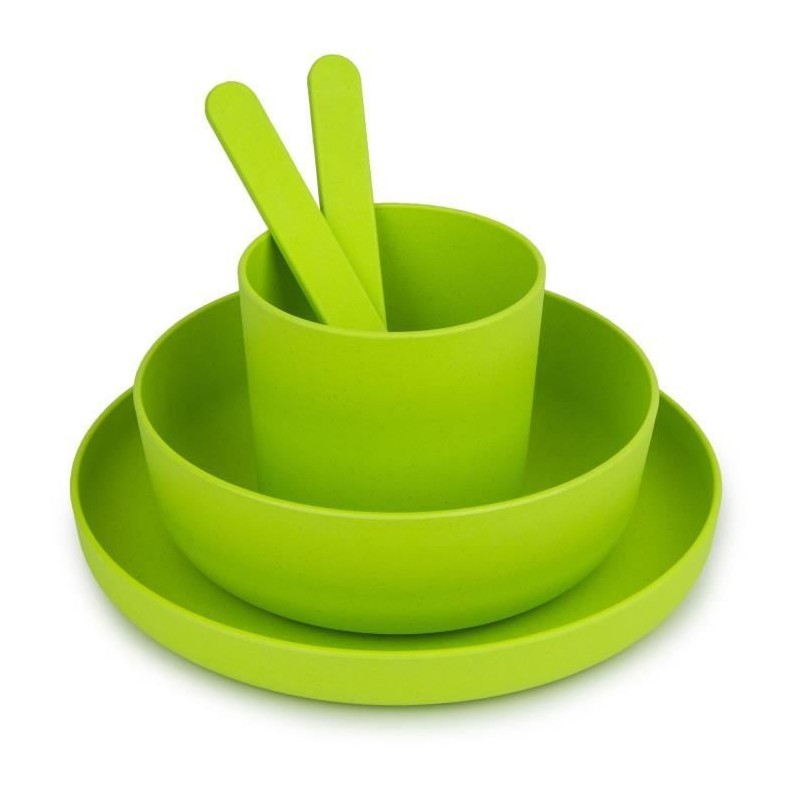 MILL'O BÉBÉ - SET VAISSELLE (ASSIETTE, BOL, GOBELET, CUILLERE, FOURCHETTE) BIODÉGRADABLE - SANS BPA - MICRO-ONDABLE - VERT