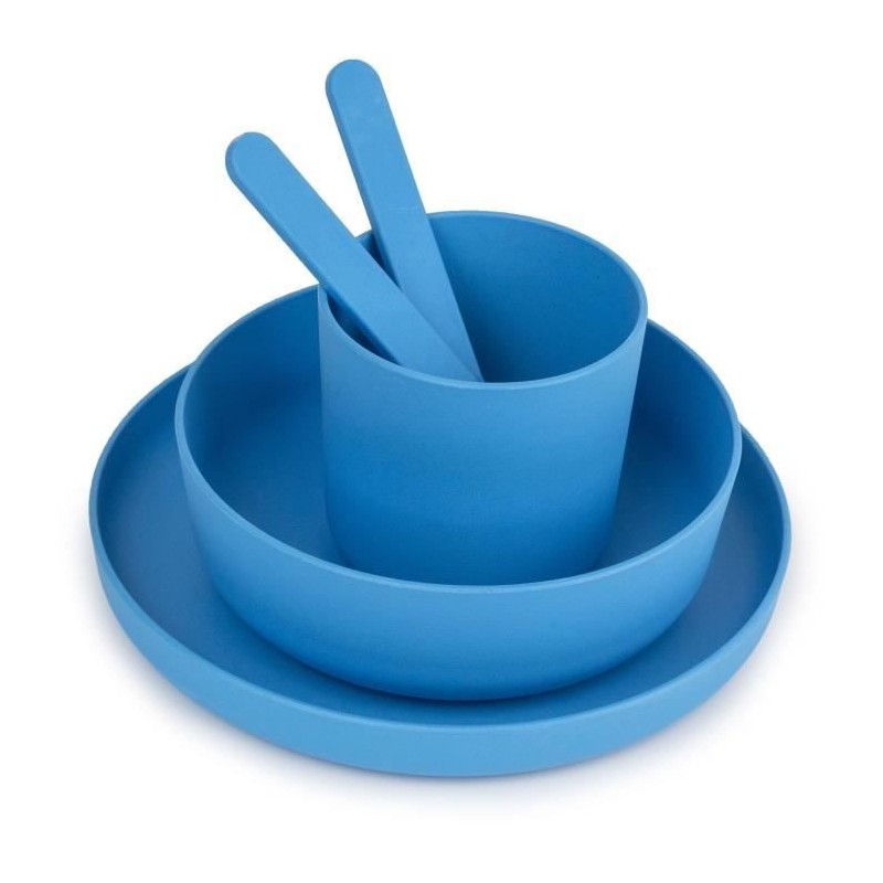 MILL'O BÉBÉ - SET VAISSELLE (ASSIETTE, BOL, GOBELET, CUILLERE, FOURCHETTE) BIODÉGRADABLE - SANS BPA - MICRO-ONDABLE - BLEU