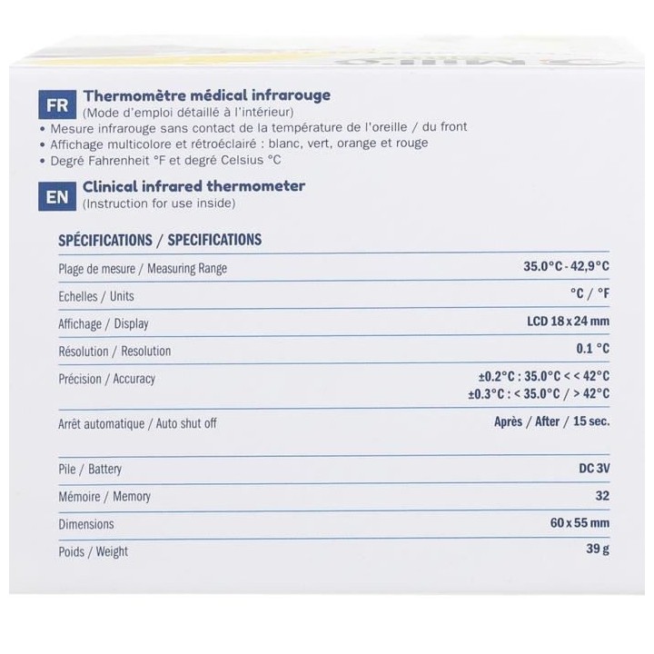 MILL'O BÉBÉ Thermometre Médical Infrarouge Contact et Rétroéclair
