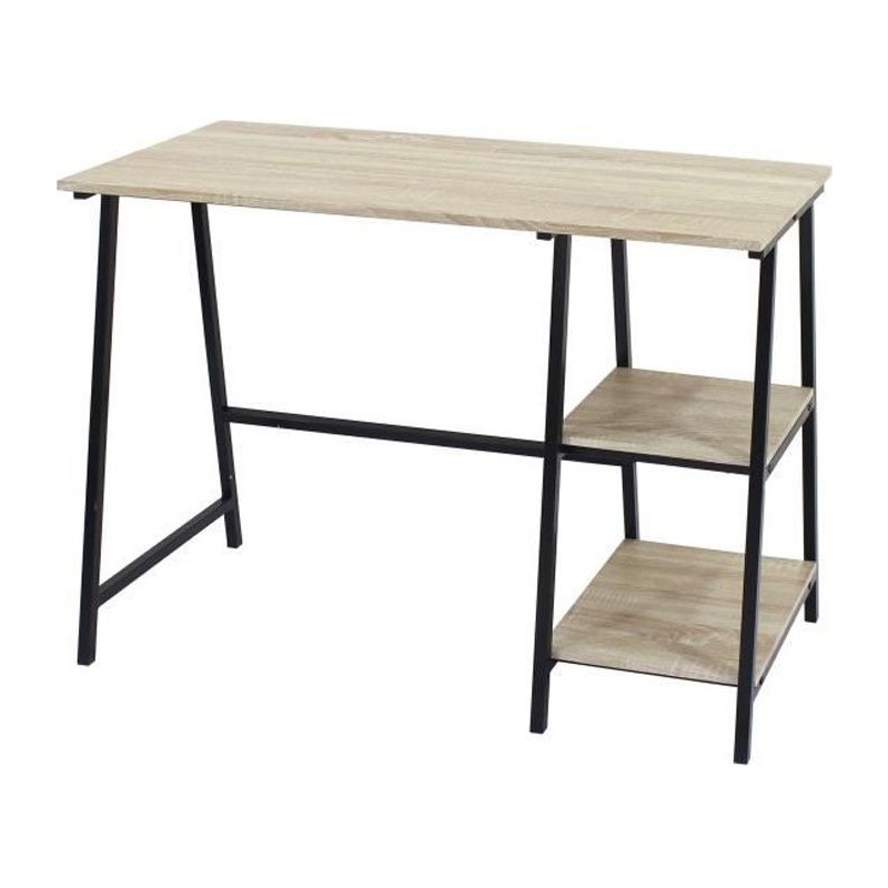 MILTON Bureau en métal 2 tablettes - Décor chene et noir - L 105 x P 47 x H 75 cm