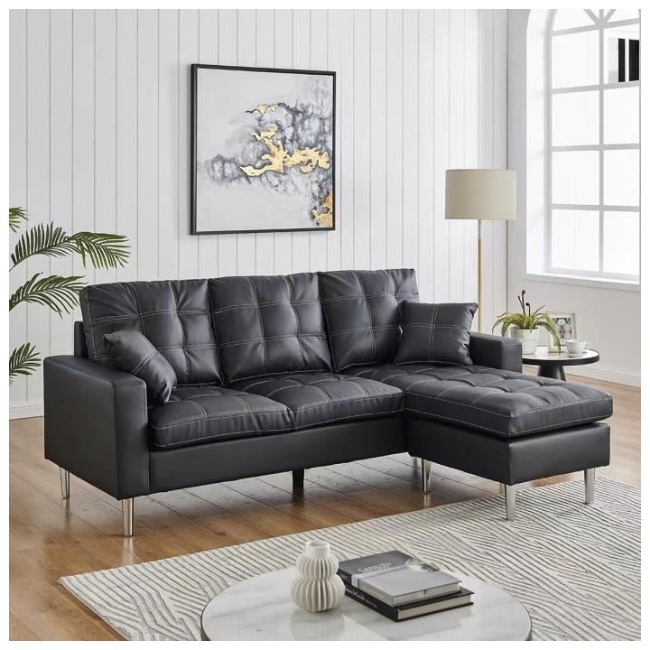Canapé d'angle reversible - Cuir noir et gris - Pieds métal - L 194