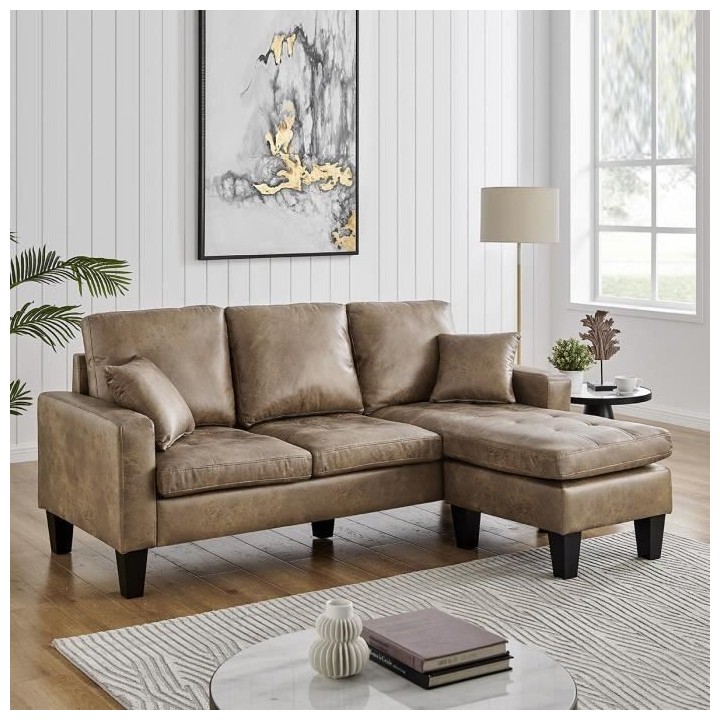 Canapé d'angle reversible - Cuir marron - L 194 x P 139 x H 83 cm - N