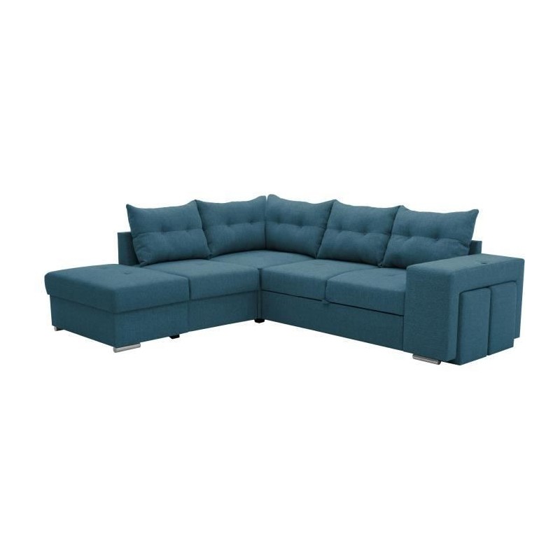 Canapé angle convertible réversible 7 places MITCHELL - Coffre, 2 poufs, prise 2 ports USB - Tissu Bleu L 247 x P 205 x H 91 c