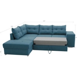 Canapé angle convertible réversible 7 places MITCHELL - Coffre, 2 poufs, prise 2 ports USB - Tissu Bleu L 247 x P 205 x H 91 c