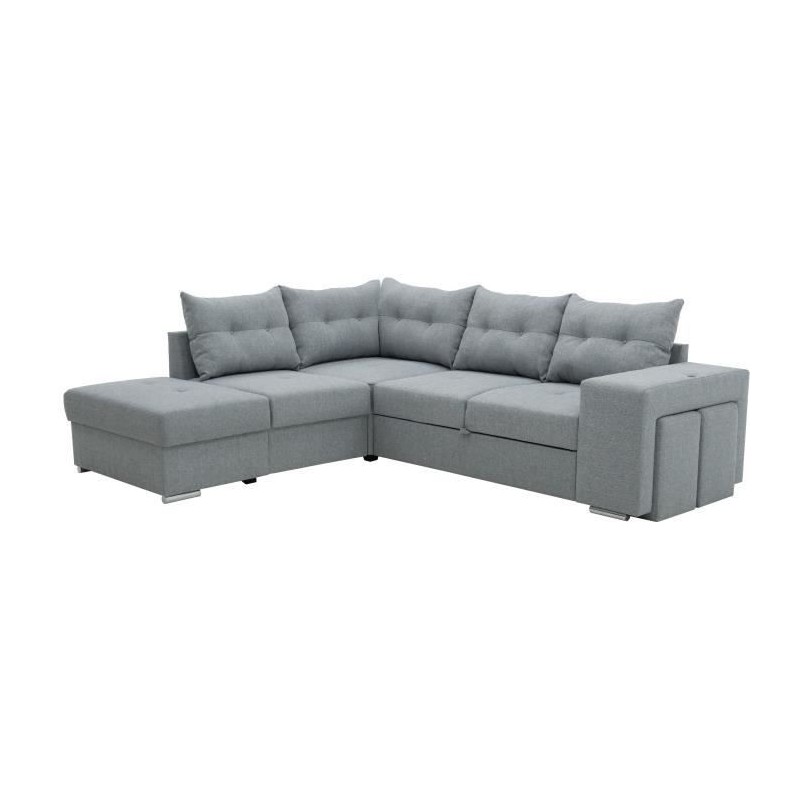 Canapé angle convertible réversible 7 places MITCHELL - Coffre, 2 poufs, prise 2 ports USB - Tissu Gris - L 247 x P 205 x H 91