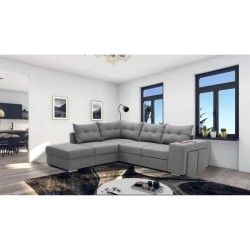 Canapé angle convertible réversible 7 places MITCHELL - Coffre, 2 poufs, prise 2 ports USB - Tissu Gris - L 247 x P 205 x H 91