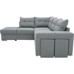 Canapé angle convertible réversible 7 places MITCHELL - Coffre, 2 poufs, prise 2 ports USB - Tissu Gris - L 247 x P 205 x H 91