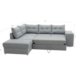 Canapé angle convertible réversible 7 places MITCHELL - Coffre, 2 poufs, prise 2 ports USB - Tissu Gris - L 247 x P 205 x H 91