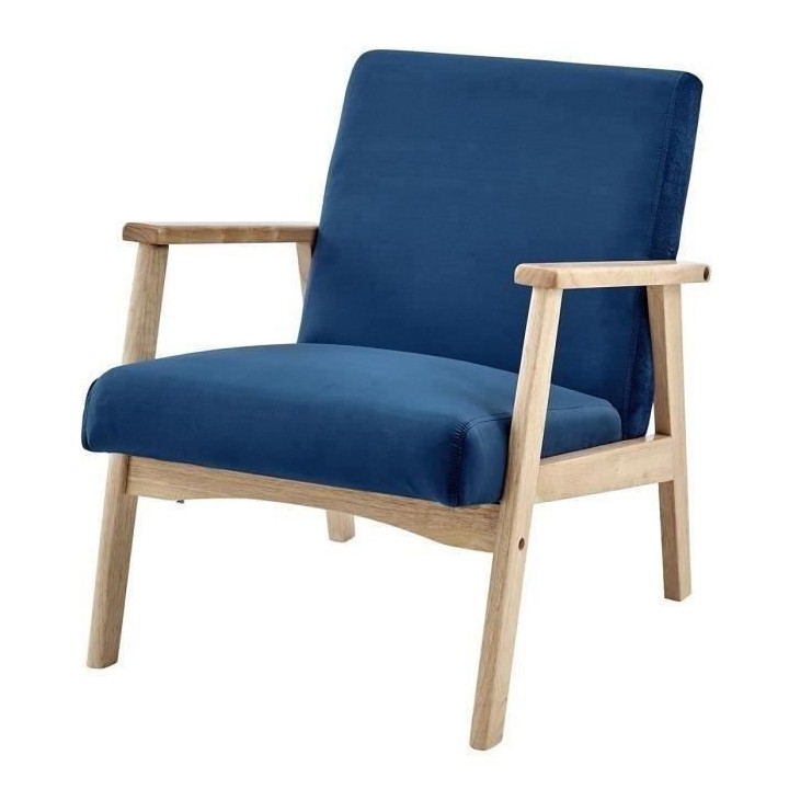 Fauteuil en Velours Bleu nuit - Pieds en bois naturel - L 63 x P 78 x