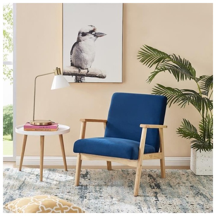 Fauteuil en Velours Bleu nuit - Pieds en bois naturel - L 63 x P 78 x