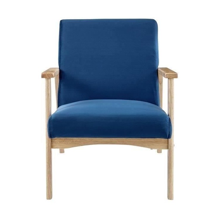 Fauteuil en Velours Bleu nuit - Pieds en bois naturel - L 63 x P 78 x